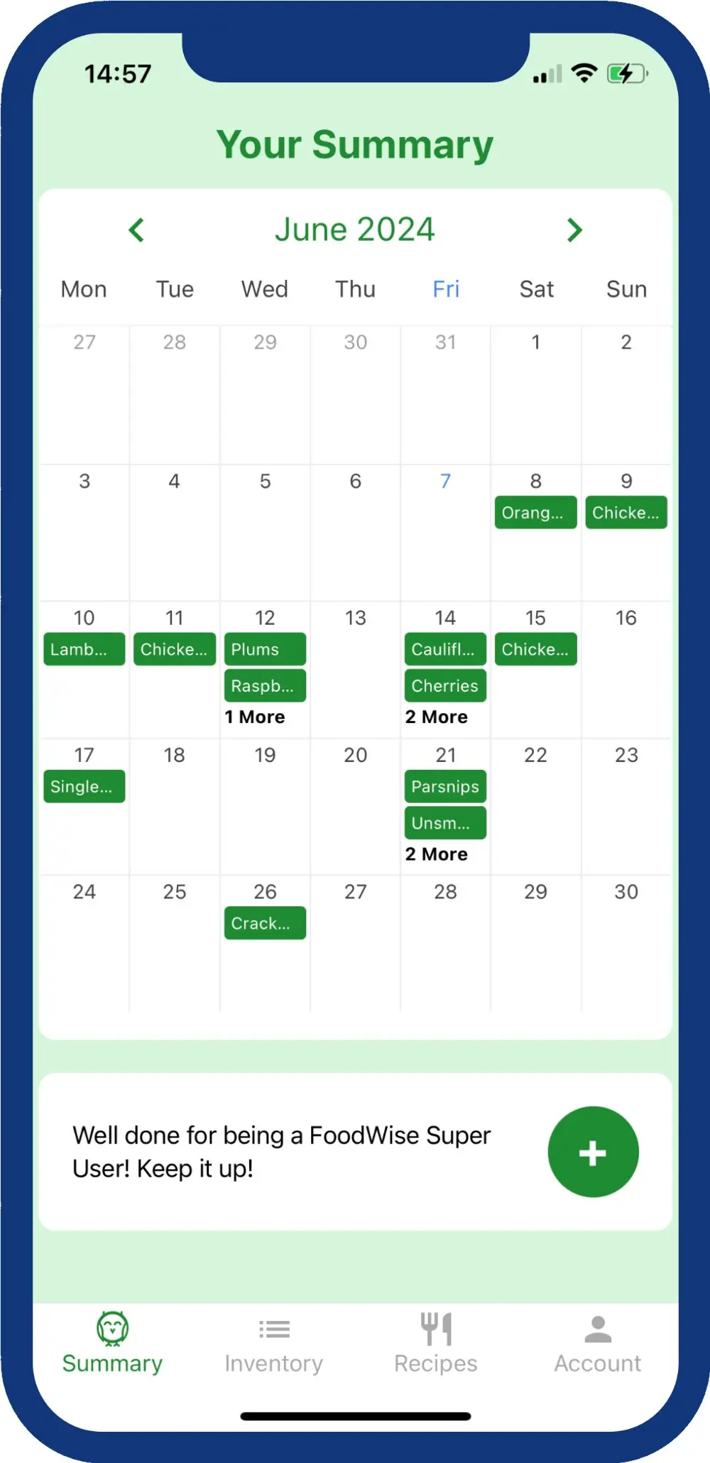 FoodWise app inventory calendar screenshot.